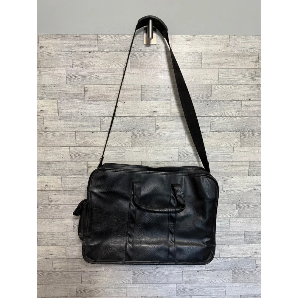 Philippe Amiel‎ Black Leather Multi-Pocket Travel Bag Briefcase Adjustable Strap